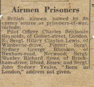 newspaper article of capture of RAF POWs in WWII