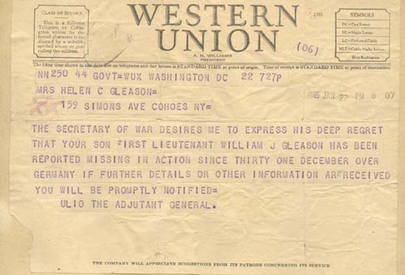 Western Union Missing in Action telegram from WWII