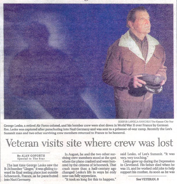 Newspaper article on George Lesko's return to crash site